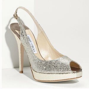 Jimmy Choo Clue Silver Glitter‎ Slingback Peep Toe Platform Heel